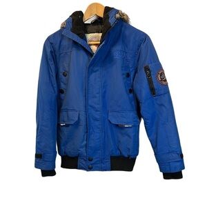 PINZAL TECHNICAL Cobalt Blue Short Faux Fur Trimmed Hood Winter Jacket Coat L